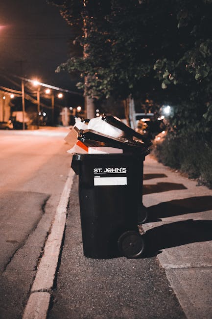 A black wheeled rubbish bin positioned on a sidewalk next to a raised curb, with the label 'ST. JOHN'S' on its front. The bin's lid is open, revealing scattered cardboard boxes and paper waste inside.